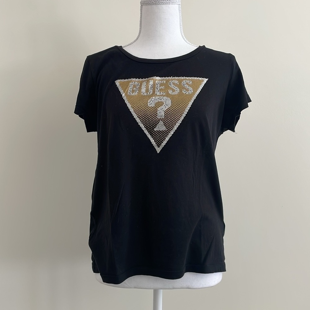 Guess Black Embellished Tee with GUESS? Medium